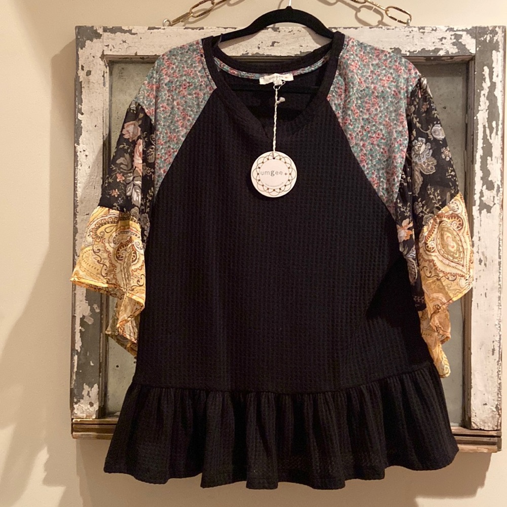 Waffle knit top with sheer sleeves, Sz 1X